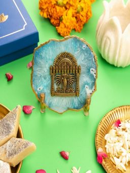 Homearte - Agate Narayan Showpiece Gold Platting Edge With Metal Stand - Blue