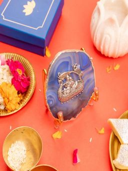 Homearte - Agate Radhakrishna Showpiece Silver Platting Edges With Metal Stand - Blue