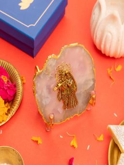Homearte - Agate Radhakrishna Showpiece Gold Platting Edges With Metal Stand - Natural