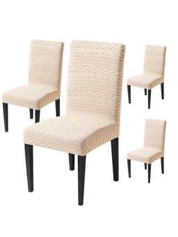 House of Quirk - Beige Elastic Jacquard Soft Touching Chair Cover Stretch Removable - (Pack of 4)