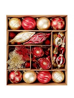Little Surprise Box - 70Pcs Red & Gold Poinsetta Themed Assorted Christmas Tree Balls & Xmas