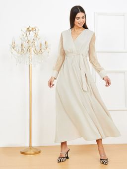 Styli - Beige Long Sleeves Lace Insert Wrap Front A-line Maxi Dress with Belt (Set of 2)
