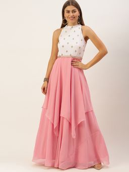 Ethnovog - Ready To Wear Pink N White Embroidered Handkerchief Gown (Set of 2)