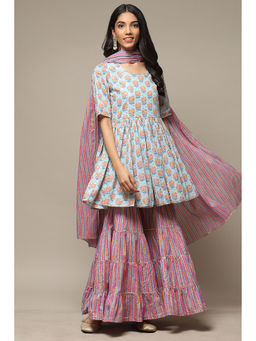 Biba - Womens Blue Printed Voile Straight Suit (Set of 3)