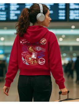 Bewakoof - Women Salsa Red Stamp Graphic Printed Oversized Crop Hoodie