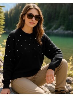 Bewakoof - Women Jet Black Embellished Oversized Sweater