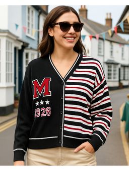 Bewakoof - Official Disney Women Black Striped Oversized Cardigan