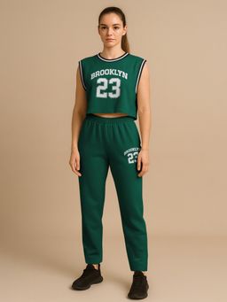 HELLCAT - Green Women Varsity Printed Crop T-Shirt With Pant