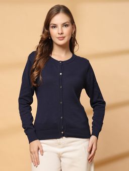 Juelle - Solid Navy Blue Round Neck Regular Cardigan