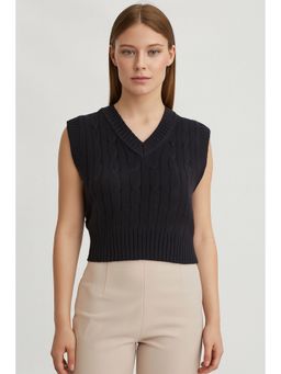 NOBARR - Women Acrylic Sleeveless V-Neck Cable knit Dark Blue Sweater Vest