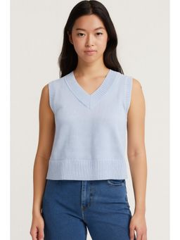 NOBARR - Women Acrylic Sleeveless with V-Neck Blue Solid Sweater Vest