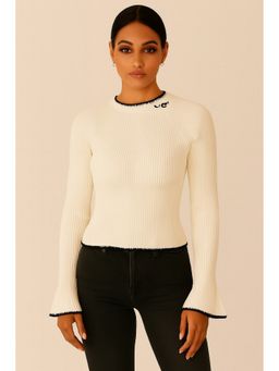 NOBARR - Off White Women Viscose Ribbed Stretchable Full Sleeve Sweater