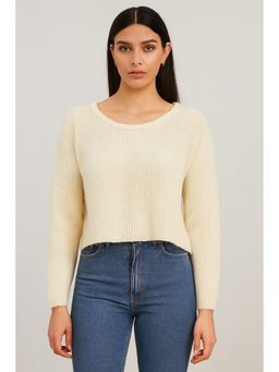 NOBARR - Women Full Sleeve Cream Knitted Acrylic Sweater