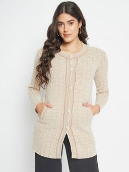 Duke - Beige Women Self Design Long Cardigan