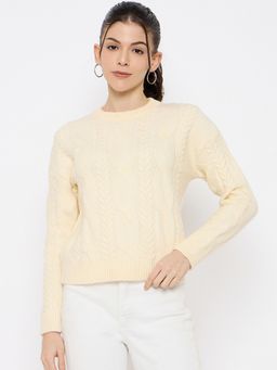 Duke - Cream Women Full Sleeve Round Neck Pullover Sweater