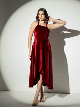 Mabish By Sonal Jain - Maroon Backless Overlap Asymmetric Midi Dress