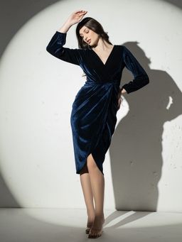 Mabish By Sonal Jain - Navy Blue Overlap V Neck Tulip Midi Dress