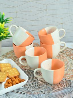 FABINALIV - Orange Striped Handcrafted Ceramics Matte Cups (Pack of 6)