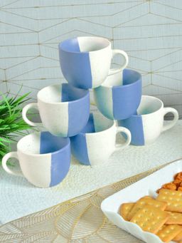 FABINALIV - Blue Striped Handcrafted Ceramics Matte Cups (Pack of 6)