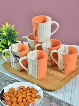 FABINALIV - Orange Striped Handcrafted Ceramics Matte Cups (Pack of 6)