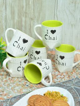 FABINALIV - Green Solid Handcrafted Ceramics Matte Cups (Pack of 6)