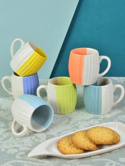 FABINALIV - Multicolor Striped Handcrafted Ceramics Matte Cups (Pack of 6)