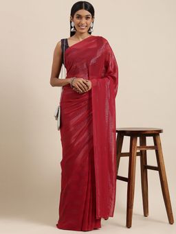 Akhilam - Womens Georgette Red Solid Celebrity Saree with Unstitched Blouse