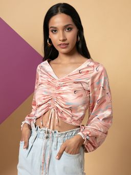 Twenty Dresses by Nykaa Fashion - Pink Printed V Neck Satin Crop Top