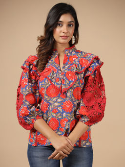 SAVI - Red Floral Printed Cotton Top