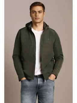 Louis Philippe - Men Olive Solid Hooded Puffer Full Sleeves Jacket