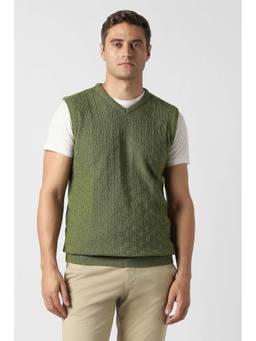 Peter England - Men Olive Textured V-Neck Sweater