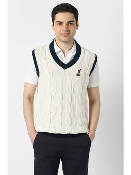 Peter England - Men Off White Textured V-Neck Sweater