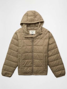 American Eagle - Men Beige Solid Hooded Puffer Full Sleeves Jacket