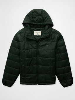 American Eagle - Men Green Solid Hooded Puffer Full Sleeves Jacket