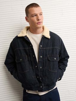 American Eagle - Men Navy Blue Sherpa Denim Full Sleeves Jacket