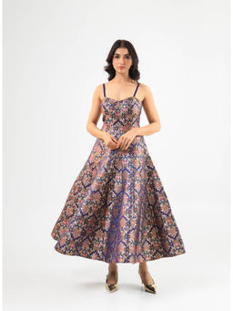 Amrood - Blue Brocade Floral Flared Maxi Dress
