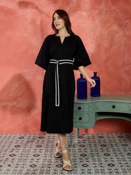 Kibo - A-Line Flared Sleeves Midi Dress with Belt