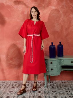 Kibo - Women Mandarin Collar A-Line Dress with Belt