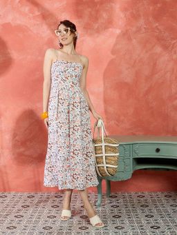 Kibo - Women Floral Print Shoulder Straps Fit and Flare Dress