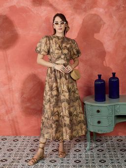 Kibo - Tropical Printed Puff Sleeves Cotton Fit and Flare Cut-Outs Detail Midi Dress