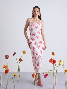 Kibo - Floral Print Halter Neck Bodycon Midi Dress