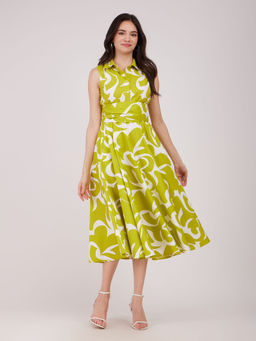 FableStreet - Green Cotton Poplin Fit and Flare Dress with Belt (Set of 2)