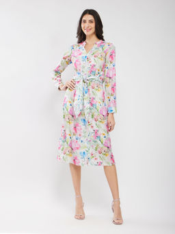 FableStreet - White Floral Print Shirt Dress