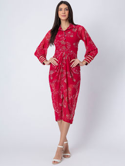 Moomaya - Pink Floral Printed Shirt Draped Dress