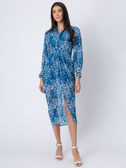 Moomaya - Blue Floral Printed Shirt Draped Dress