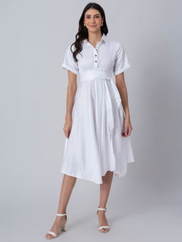Moomaya - White Boho Style Solid Midi Dress