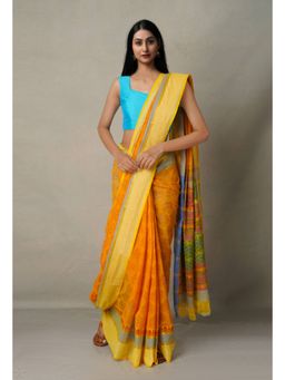 Unnati Silks - Orange Pure Hand Block Printed Mangalgiri Cotton Saree with Unstitched Blouse