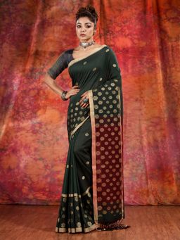 CHARUKRITI - Green Cotton Handwoven Soft Saree with Floral Border and Unstitched Blouse