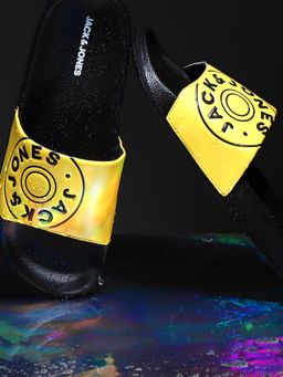 Jack & Jones - Yellow Logo Print Pool Sliders