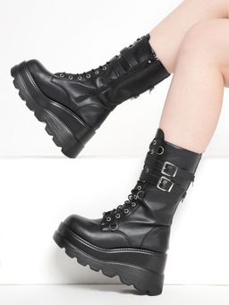 Truffle Collection - Black Solid Buckle Boots